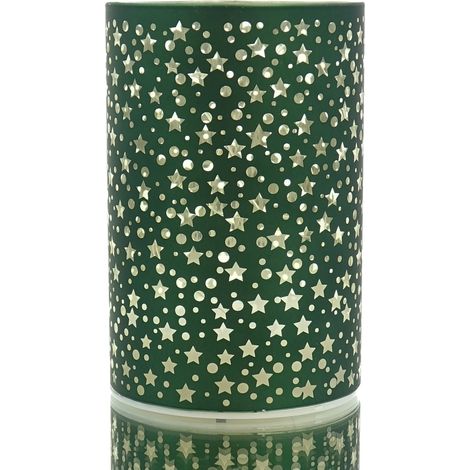 GASPER Glas Windlicht mit LED Zylinder STARS dunkelgrün Ø  8 cm Höhe 12 cm (1/4)