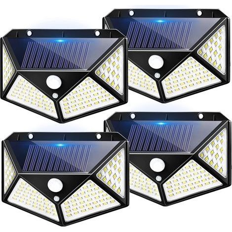 Pack de 4 lampes solaires extérieures 100 LED – Éclairage 1600 lumens – Angle 270° – Détecteur de mouvement 5m – Étanchéité IP65 (1/5)