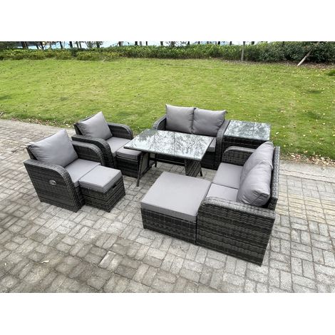 Fimous 9-Sitzer Polyrattan Garten Esstisch Set Gartenmöbel Sofa mit Rechteckiger Esstisch Beistelltisch 3 Hockern Dunkelgrau Gemischt (1/5)