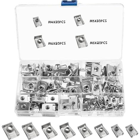 100 tornillos de tuerca para chapa metálica, M4, M5, M6, M8, de acero inoxidable, tipo U, surtidos, para carrocería de automóviles, con caja de almacenamiento. (1/5)