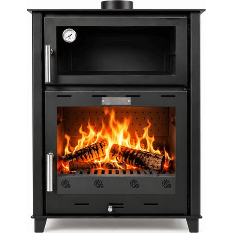 Estufa de leña grande con horno modelo E 13Kw Chimenea moderna de leña con puerta cristal Estufa de leña clásica para salón