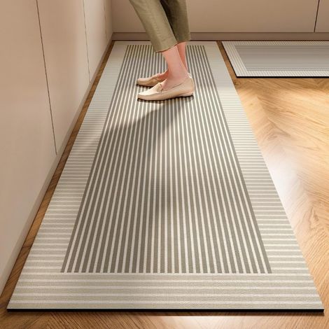 Non-slip Washable Kitchen Mat in Front of Sink, Minimalist Abstract Lines Diatomite Mat, Absorbent and Quick-Drying, for Laundry Room, Hallway, Bathroom (Beige 1.60x180cm) (1/5)