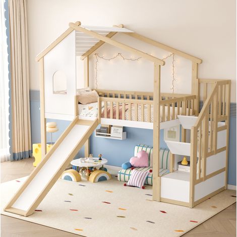 Lit mezzanine cabane en bois massif naturel et blanc 90x200 cm avec toboggan, échelle de rangement et tête de lit fenêtre