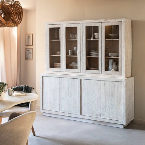 Made In Meubles – Vaisselier en bois de manguier blanchi avec portes vitrées – Grand espace de rangement – Style lumineux et authentique (1/4)