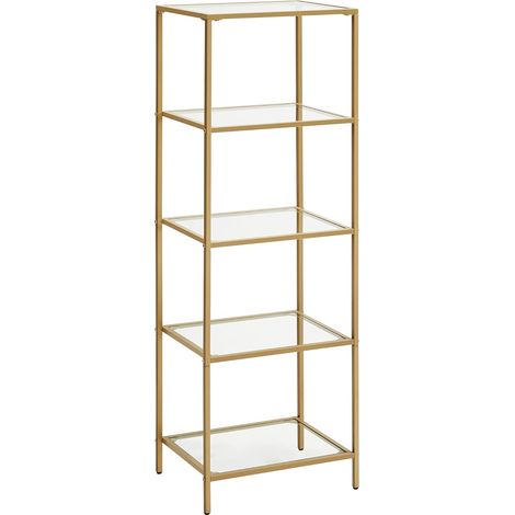 Vasagle – Étagère en verre trempé 5 niveaux – Bibliothèque dorée pour salle de bain, salon, chambre, bureau – Stabilité renforcée, montage facile