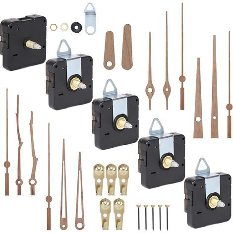 Lot de 5 Mecanisme Horloge Murale Silencieux à Quartz avec Axe de 20 mm et Aiguilles en Bois de Noyer, adaptés aux Cadrans de 7 à 9 mm d’épaisseur (piles non comprises) (1/5)