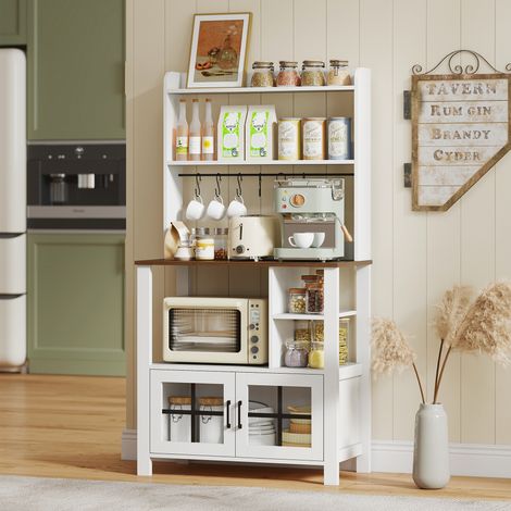 Mobile da cucina con 6 ganci per tazze, 2 ante in vetro, ripiani a giorno, 80x40x152 cm, bianco