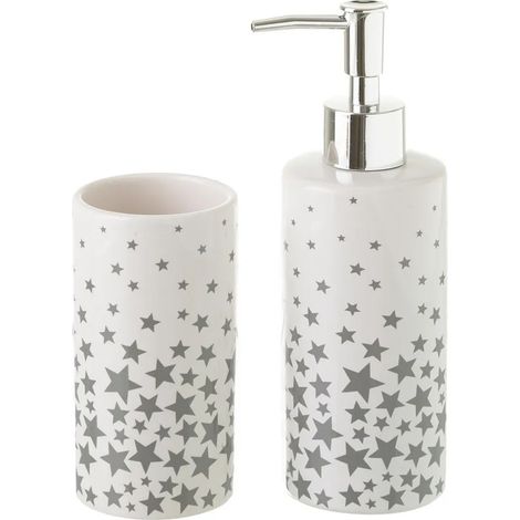 Set Accessori Bagno 2Pz Ceramica Dispenser Sapone Porta bicchieri Stelle Grigio