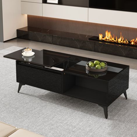 Table basse en panneaux de particules noir brillant 110 x 50 cm, plateau relevable avec rangement (1/5)