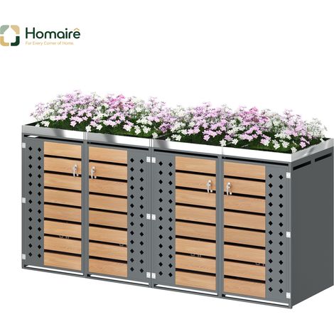 HOMAIRE Mülltonnenbox avec panneaux à grains de bois horizontaux, compartiments de rangement pour déchets, verrouillable, quatre portes, espace de plantation et panneaux de porte creux en forme de dia