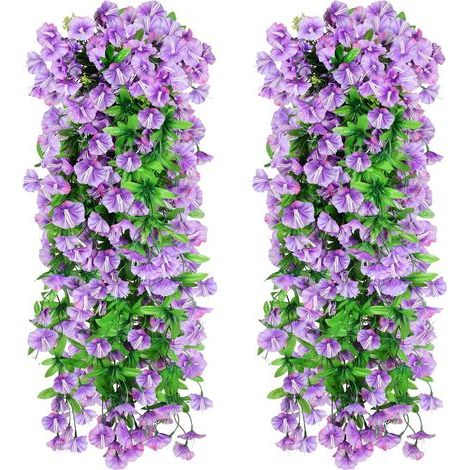 Lot de 2 fleurs artificielles suspendues, protection UV, pour décoration murale de jardin, porche, réveillon de mariage (violet) (1/5)