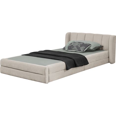 Lit Simple 90 x 200 cm en Chenille, Lit Enfant avec Tête de Lit Matelassée, Charge 200 kg, sans Matelas, Beige (1/5)