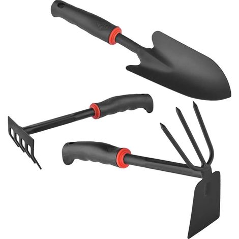 MINKUROW Set di attrezzi manuali da giardino da 3 pezzi Pala larga Coltivatore a mano Rastrello Utensili per piante da dissodamento a doppia faccia per scavare Trapiantare Trapiantare Diserbo (Nero) (1/5)