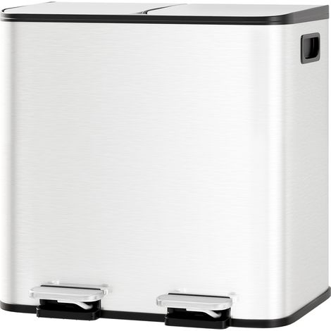 Poubelle de cuisine 30L en inox – 2 compartiments 15L, pédale, couvercle à fermeture douce, tri des déchets efficace, Blanc (1/5)