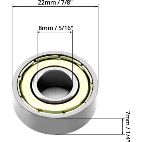 20 roulements à billes 608zz - roulements à billes miniatures à gorge profonde, double blindage métallique - pour skateboards, trottinettes, patins en ligne - 8 mm x 22 mm x 7 mm (1/4)