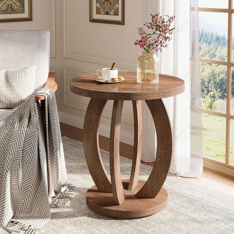 Tribesigns End Table, Round Side Table with Storage, Farmhouse Nightstand Bedside with Round Tabletop, Accent End Table for Living Room Bedroom Small Space, Wooden Accent Furniture (2, Brown)