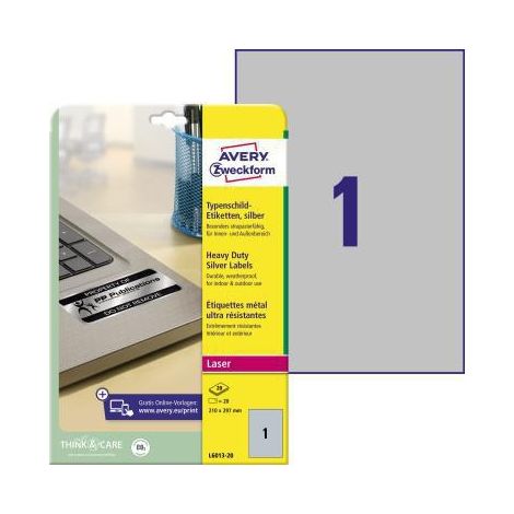 AVERY ZWECKFORM Typenschildetikett Avery Zweckform 210 x 297 mm (B x H) silber 20 Etik./Pack.