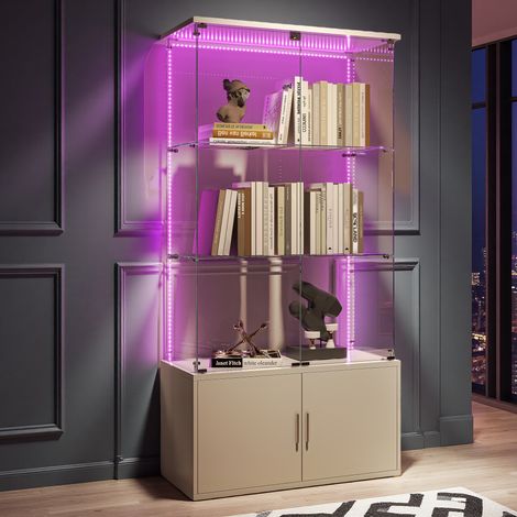 Vitrine en verre, 164x78.51x35cm, 3 niveaux, 2 placard, vitrine de collectionneur avec lumière LED, vitrine de rangement en verre pour la chambre, le bureau, le salon, blanc (1/5)