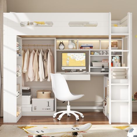 Letto a soppalco 90x200 cm con scrivania, armadio, cassetto, ripiani, LED e USB, bianco (1/5)