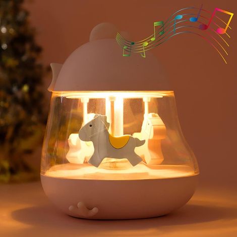 Veilleuse musicale carrousel pour enfants, lampe décorative mignonne pour la chambre de bébé, rechargeable par USB, à intensité variable, portable et avec minuterie, cadeau de Noël pour garçons et fil (1/5)