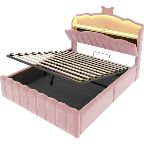 Polsterbett für Kinder 140x200 cm rosa mit hydraulischem Stauraum, LED, USB/USB-C - MODENUIT (1/5)