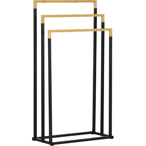 Porte-serviettes/porte-serviettes de bain à 3 barres en acier et bambou noir, idéal pour les salles de bains