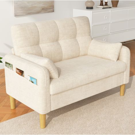 Divano 2 posti 119x78x85 cm per piccoli spazi, con 2 cuscini, tasca laterale, tessuto ciniglia - beige (1/5)