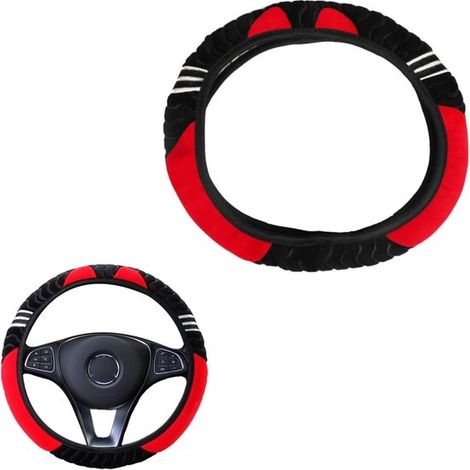 Funda de terciopelo para volante de coche, universal, antideslizante, negra y roja. (1/5)