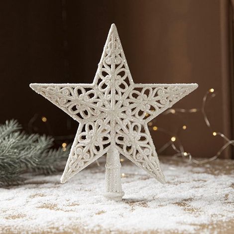 Étoile à Cinq Branches - Décor de Sommet d'Arbre de Noël - Motif Ajouré avec Paillettes - Blanc - Pour Intérieur - 1 Pièce (1/3)