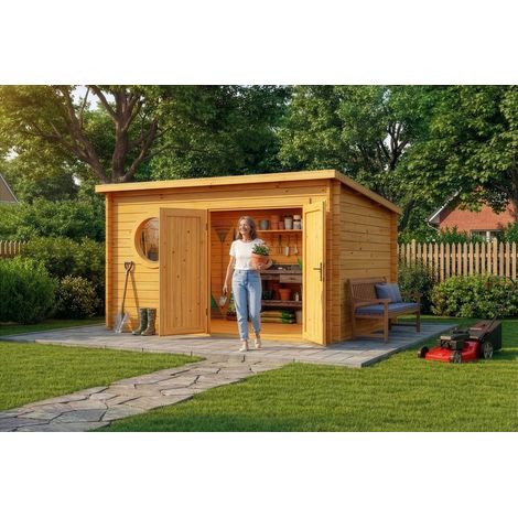 Alpholz Gartenhaus Maria Rondo B Gartenhaus aus Holz in Pinie, Holzhaus mit 34 mm Wandstärke, Blockbohlenhaus mit Montagematerial