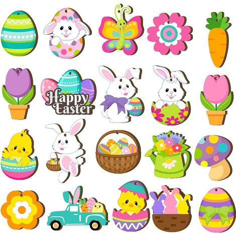 Ornement En Bois - Décoration De Printemps Et De Pâques - Lapin En Bois Et Oeuf Pour Arbre De Décoration - 20 Pièces (1/5)