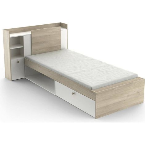 Dmora - Letto singolo Agout, Sommier per camera da letto, Giroletto per stanza, Struttura porta materasso, 200x120 h 91 cm, Rovere e Bianco opaco