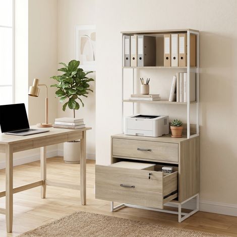 Mueble Archivador con Estantería 2 Cajones Encimera para Impresora Cerradura para A4 Letter Legal Roble (1/5)