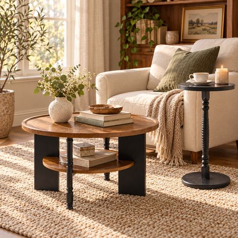 Lot de 2 tables basses, table de salon ronde avec compartiment de rangement et table d'appoint, design vintage avec pieds tournés, aspect noyer/noir, Ø 80×47 cm / Ø 38×67 cm (1/5)