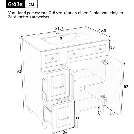 Waschtischmöbel 81,7×46,8×90 cm aus weißem MDF mit Keramikwaschbecken – MEUBLIV (1/5)