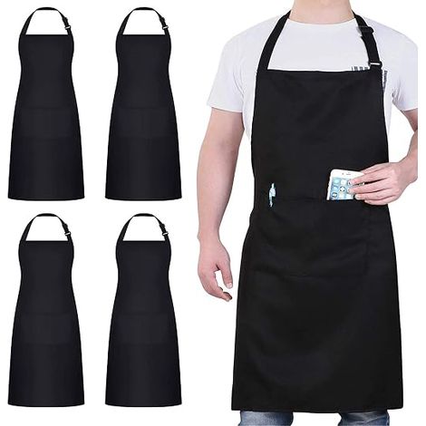 Aprons, Black Apron with 2 Pockets, Waterproof Adjustable Apron for Men Women, Professional Kitchen Apron for Cooking, 4 Pack (1/5)