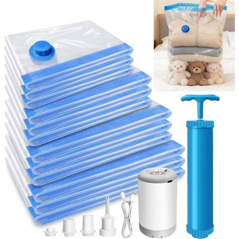 12-piece vacuum compressible bag set with complete accessories, easy to use for home and travel.