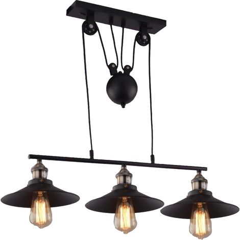 Lámparas de Colgar Industrial 3 Iluminacións con Hilo 2,0M DIY Luz Lámpara Colgante con Polea de Metal E27 de Forma Sombrero 26cm para Cocina Dormitorio Sala de Estar Restaurante Negro