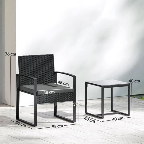 Ensemble bistro en rotin, ensemble de mobilier de jardin 3 pièces comprenant 2 chaises de jardin, une table basse et des coussins amovibles, gris foncé. (1/5)