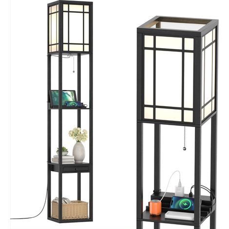 Lámpara de pie con 3 estantes y cajón 26 x 26 x 160,5 cm carga USB almacenamiento óptimo diseño moderno en MDF negro 200020465
