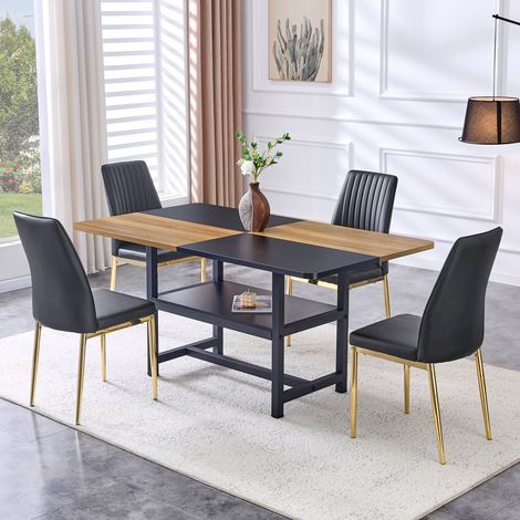 Ensemble Table et 4 Chaises de Salle à Manger avec Étagère de Rangement, en MDF et Métal, Noir et Doré (1/5)