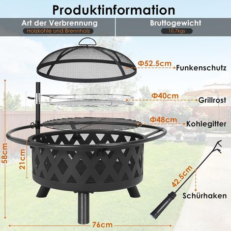 Braciere da esterno con griglia girevole, braciere da giardino Ø76 cm per barbecue, braciere per barbecue, braciere, multifunzionale (1/5)