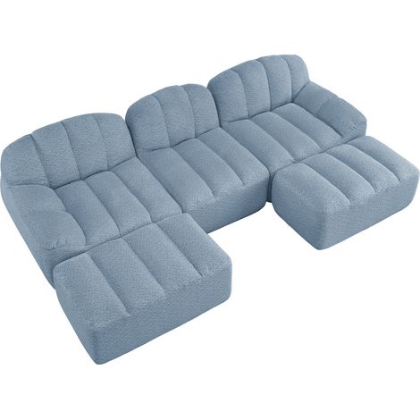 Modulares U-Sofa 3-Sitzer mit 2 Hockern, 32D-Schaum, blauer Stoff MODENUIT (1/5)