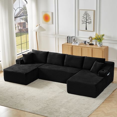 Divano angolare modulare in velluto a coste, 3 elementi, design minimalista, seduta profonda 51/122 cm, non richiede montaggio, nero