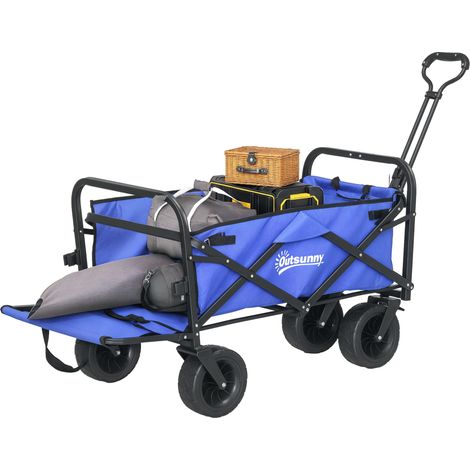 Carrello da giardino pieghevole con maniglia regolabile in lunghezza e angolazione e borsa per il trasporto, portata 100 kg, blu scuro.