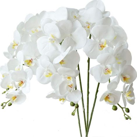 Fleurs artificielles de Phalaenopsis 4 pièces Feuilles Fleurs d'orchidées artificielles Tiges de plantes pour la décoration intérieure (Blanc) (1/4)