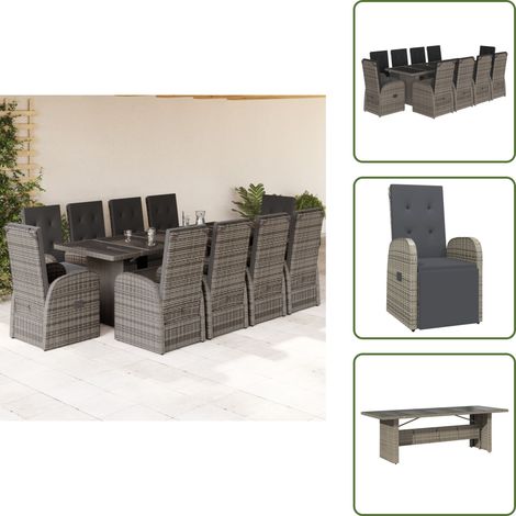 The Living Store Ensemble à manger de jardin 11pcs avec coussins gris poly rotin - Salon De Jardin - Meuble De Jardin - Set De Jardin - Table De Jardin - Chaises De Jardin
