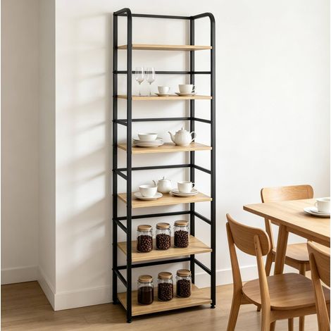 Mobile portaoggetti a 6 ripiani, MDF e metallo, 50 x 30 x 176 cm, rovere chiaro e nero DESVIAE (1/4)