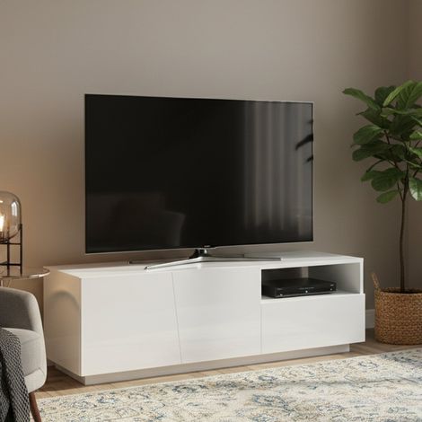 Dmora Mueble para TV para salón, Made in Italy, mueble para TV con 2 puertas y 1 cajón, cm 150x43h46, color blanco brillante, con embalaje reforzado (1/5)
