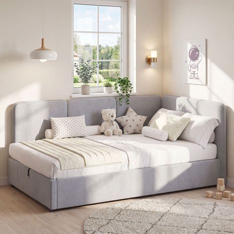Lit Coffre Banquette Réversible 90x200 cm avec Rangement Hydraulique, Velours, Gris (1/4)